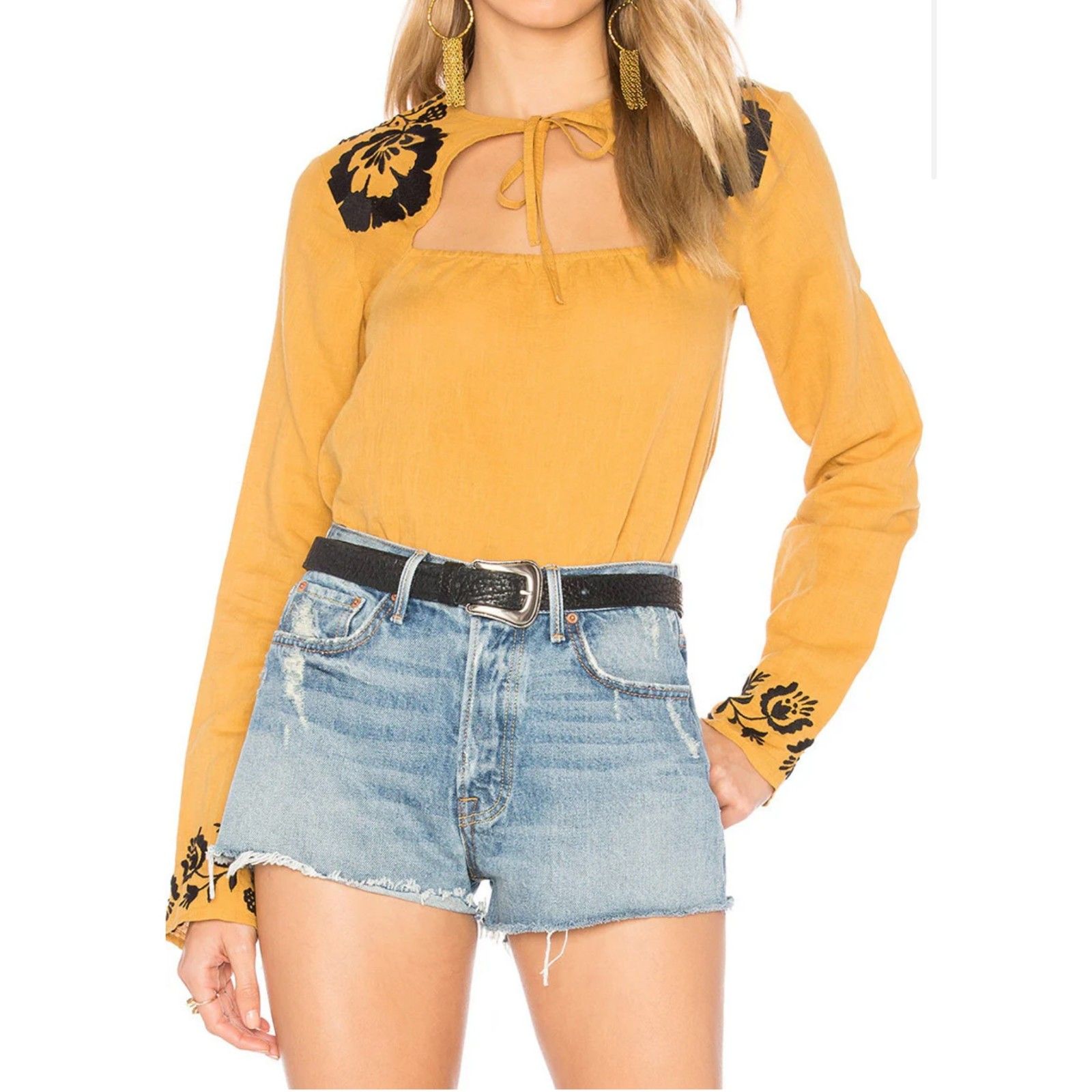 Tularosa Aspen Blouse Long Sleeve Mustard Yellow With Black Embroidery, Sz S